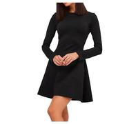 Women's Long Sleeve Dress Slim Fit High Waist A-line Pleated Dresses Basic Black Crew Neck Dress