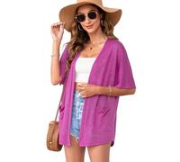 Womens Magenta Short Sleeve Kimono Cardigans V Neck Open Front Lightweight Summer Cardigan Casual Loose Beach Cover Up Curved Hem with Pockets 2026,M