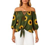 Women's Off Shoulder Sunflower Print Top Boho Tie Front Blouse with Balloon Sleeves Casual Summer Vacation Shirt Green Floral Pattern Lightweight Fabric