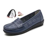 Women's Orthopedic Loafers In Breathable Leather, Wide Fit Leather Loafers Classic Moccasins Driving Work Office Nursing Shoes (38,Navy-H)