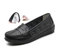 Women's Orthopedic Loafers In Breathable Leather, Wide Fit Leather Loafers Classic Moccasins Driving Work Office Nursing Shoes (38,Black-H)