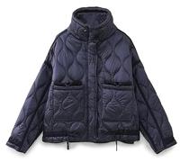 Women's Oversized Quilted Puffer Jacket Stand Collar Zip Up Lightweight Cropped Padded Winter Coat with Pockets (Navy blue,Medium)