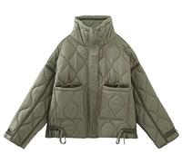 Women's Oversized Quilted Puffer Jacket Stand Collar Zip Up Lightweight Cropped Padded Winter Coat with Pockets (ArmyGreen,X-Small)