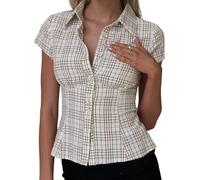 Women's Plaid Shirt Button-up Short Sleeve Collared Slim Fit Casual Summer Blouse Tops (Coffee, S)