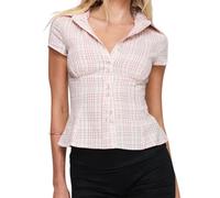 Women's Plaid Shirt Button-up Short Sleeve Collared Slim Fit Casual Summer Blouse Tops (Pink, M)
