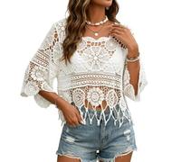 Women's Plain Fringe Trim Cut Out Sheer Cover Up Boho Crochet 3/4 Sleeve Round Neck Cropped Top for Vacation