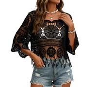 Women's Plain Fringe Trim Cut Out Sheer Cover Up Boho Crochet 3/4 Sleeve Round Neck Cropped Top for Vacation (Black,one_size)