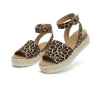 Women's Platform Open Toe Buckle Ankle Strap Sandals Casual Faux Leather Dressy Elegant Flats Comfortable Summer Shoes Women Fashion Strappy Sandals (Leopard Print,35)
