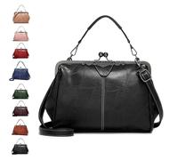 Women's Retro Handbag, Handbag with Handle Elegant Evening Bag Kiss Lock PU Leather Retro Shoulder Bag(Black)
