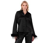 Women's Satin Shirt Ladies Blouse Feather Trim Cuff Long Sleeve Point Collar Button Up Smart Casual Office Wear Top
