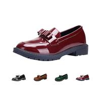 Women's Solid Colour Fashion Thick Sole Leather Shoes, Non-Slip Sole Platform Patent PennyLoafers Glossy Round Toe Slip-On Casual Flatswith Bow (Red,38)