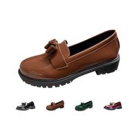 Women's Solid Colour Fashion Thick Sole Leather Shoes, Non-Slip Sole Platform Patent PennyLoafers Glossy Round Toe Slip-On Casual Flatswith Bow (Brown,40)
