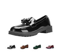 Women's Solid Colour Fashion Thick Sole Leather Shoes, Non-Slip Sole Platform Patent PennyLoafers Glossy Round Toe Slip-On Casual Flatswith Bow (Black,42)