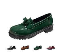 Women's Solid Colour Fashion Thick Sole Leather Shoes, Non-Slip Sole Platform Patent PennyLoafers Glossy Round Toe Slip-On Casual Flatswith Bow (Green,38)