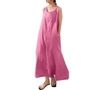 Women's Sommer HosenträGer Solid Farbe Baumwolle Leinen Einfacher Wind Lose Taschen Rundhalsausschnitt Temperament äRmellose Kleider Frauen