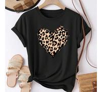 Women's Stylish Black Leopard Heart Print T-Shirt, 180g Soft Cotton Crew Neck Short Sleeve Top, Animal Print Design Casual Tee, Perfect for Summer We