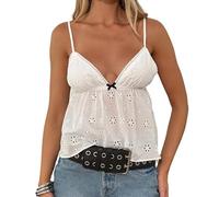 Women's Summer Cami Tank Tops Cute Solid Color Eyelet Tops Sleeveless Spaghetti Strap Y2K Going Out Crop Top (Ivory, S)