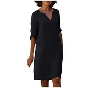 Women's Summer Retro Solid Color Cotton Linen V-Neck Half Sleeve Dress Light Breathable Dress