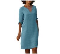 Women's Summer Retro Solid Color Cotton Linen V-Neck Half Sleeve Dress Light Breathable Dress