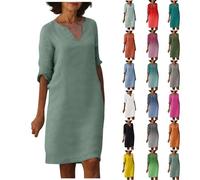 Women's Summer Retro Solid Color Cotton Linen V-Neck Half Sleeve Dress Light Breathable Dress