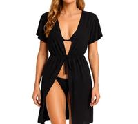 Women's Summer Sheer Beach Cover Up V Neck Short Sleeve Kimono Cardigan Swimsuit Coverup Casual Vacation Outfit with Drawstring Waist Green