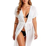 Women's Summer Sheer Beach Cover Up V Neck Short Sleeve Kimono Cardigan Swimsuit Coverup Casual Vacation Outfit with Drawstring Waist Green