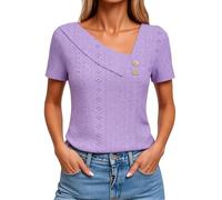 Women's Summer V Neck Eyelet Lace Top Short Sleeve Casual Blouse with Side Buttons Sage Green Loose Fit T Shirt for Daily Wear Vacation Beach