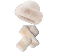 Womens Winter Faux Fur Bucket Hat, Fellmütze Pelzmütze Damen, Damen Hut Winter Weiche Kunstpelz Flauschige Fischerhut, Wintermütze mit Fleecefutter, Kunstpelzmütze für Mädchen Frauen (Beige Satz)
