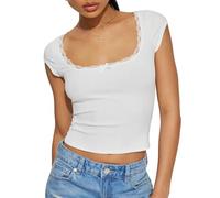 Womens Y2k Crop Tops Slim Fit Tops Cap Sleeve U Neck Lace Trim Neckline Cropped Lace T-Shirt Going Out Grunge Top (White, S)