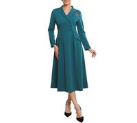 WOMLAYOUT Damen Midi Blazerkleid mit Elegantes Revers V-Ausschnitt Langen Ärmeln A-Linien Schnitt Kleid Blau Grün L