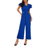 WOMLAYOUT Formelle Jumpsuits für Damen, gerüschte Ärmel, hohe Taille, V-Ausschnitt, elegante lange Hose mit weitem Bein Königsblau M