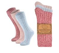 Wonky Line Damen Wollsocken 3er-Pack - Warme Wintersocken Thermosocken aus weicher Wollmischung - Dicke kuschelige Socken für Winter - Rosa-Blau-Fuchsia - 39-42
