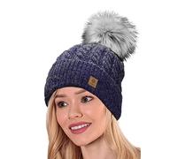 Woolk 4sold Herren Damen Wurm Winter Mohair Style Beanie Strickmütze Mütze mit Fellbommel Bommelmütze Hat Gestrickte Pudelmütze Plain Ski Pom Wooly with Full Cosy Fleece-Futter (Carla Navy)