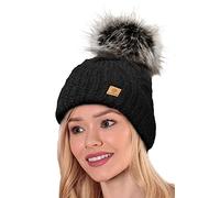 Woolk 4sold Herren Damen Wurm Winter Mohair Style Beanie Strickmütze Mütze mit Fellbommel Bommelmütze Hat Gestrickte Pudelmütze Plain Ski Pom Wooly with Full Cosy Fleece-Futter (Birma Black)