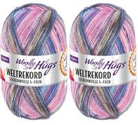 Woolly Hugs Weltrekord Sockenwolle 100g | 75% Schurwolle & 25% Polyamid | 420 m Lauflänge | Strapazierfähiges Sockengarn | Teil des Weltrekord-Strickprojekts (04 | pink/blau) (Packung mit 2)