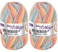 Woolly Hugs Weltrekord Sockenwolle 100g | 75% Schurwolle & 25% Polyamid | 420 m Lauflänge | Strapazierfähiges Sockengarn | Teil des Weltrekord-Strickprojekts (02 | orange/petrol) (Packung mit 2)