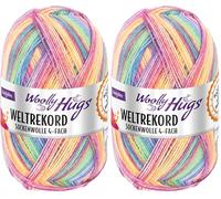 Woolly Hugs Weltrekord Sockenwolle 100g | 75% Schurwolle & 25% Polyamid | 420 m Lauflänge | Strapazierfähiges Sockengarn | Teil des Weltrekord-Strickprojekts (01 | rainbow) (Packung mit 2)