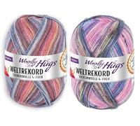 Woolly Hugs Weltrekord Sockenwolle, 100g, 75% Schurwolle & 25% Polyamid, 420m Lauflänge, Strapazierfähiges Sockengarn, 2er Sparpaket (03+04)