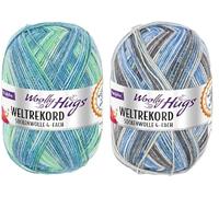 Woolly Hugs Weltrekord Sockenwolle, 100g, 75% Schurwolle & 25% Polyamid, 420m Lauflänge, Strapazierfähiges Sockengarn, 2er Sparpaket (05+06)