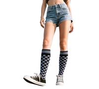 woosnscly Kniestrümpfe für Damen, kariert, lange Schlauchsocken, Halloween, Kniestrümpfe für Party, Kostüm, Skateboard, Wadensocke, Dunkelgrau/Schwarz, Einheitsgröße