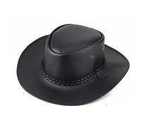 WORNEW Herren-Lederhut Outback-Hut for Herren, Frühling, Sommer, wasserdicht, Leder, Cowboyhut, Western-Regenhut mit Kinnschnur Hüte für Männer (Color : Black, Size : One Size)