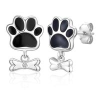 WOVEE Hundepfote Ohrstecker Hund Pfote Ohringe Stecker Schwarz mit Knochen Anhänger AAA Zirkonia 15mm Geschenk für Hundebesitzer Frau Damen Mädchen