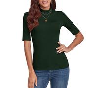 WOWENY Damen Kurzarmpullover elegant 1/2 Arm T-Shirt mit elastischem Stehkragen Rollkragen T-Shirt Baumwollen Basic Oberteile Bluse Shirt,Dunkelgrün,L