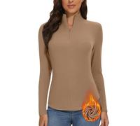 WOWENY Damen Thermo Langarmshirt 1/4 Reißverschluss Fleece Gefüttert Oberteil Stehkragen Pullover Half Zip Sweatshirt Warm Langarm Tops[Khaki,XXL]