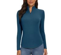 WOWENY Damen Thermo Langarmshirt 1/4 Reißverschluss Fleece Gefüttert Oberteil Stehkragen Pullover Half Zip Sweatshirt Warm Langarm Tops blau,M