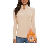 WOWENY Damen Thermo Langarmshirt 1/4 Reißverschluss Fleece Gefüttert Oberteil Stehkragen Pullover Half Zip Sweatshirt Warm Langarm Tops beige,L