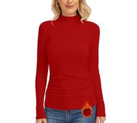 WOWENY Rollkragenshirt Damen Thermo Langarm Rolli Mikrofleece Oberteil Warm Rollkragenpullover Langarmshirt Pullover Winter Schmale Passform(Rot,L)