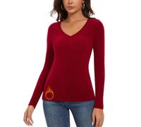 WOWENY Thermo Langarmshirt Damen Fleece Oberteil Gerippt V-Ausschnitt Fleeceshirt Langarm Unterhemd Warm Elegant Pullover Winter Weich Bequem(Rot,XL)
