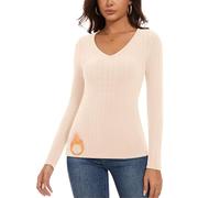 WOWENY Thermo Langarmshirt Damen Fleece Oberteil Gerippt V-Ausschnitt Fleeceshirt Langarm Unterhemd Warm Elegant Pullover Winter Weich Bequem(Aprikose,XL)
