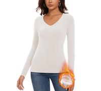 WOWENY Thermo Langarmshirt Damen Fleece Oberteil Gerippt V-Ausschnitt Fleeceshirt Langarm Unterhemd Warm Elegant Pullover Winter Weich Bequem(weiß,L)